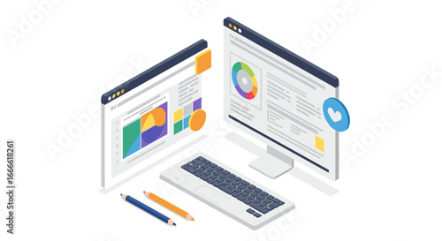 Isometric workspace with computer screens and graphical interface design