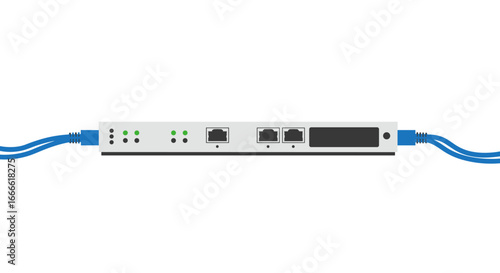 Network switch front view with ethernet cables and port indicators