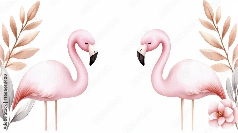 Obraz premium Hand drawn watercolor tropical flamingo birds wadding. Artistic avian illustration wading flamingo hand painted aquarelle exotic fauna tropic wildlife shorebird plumage vibrant