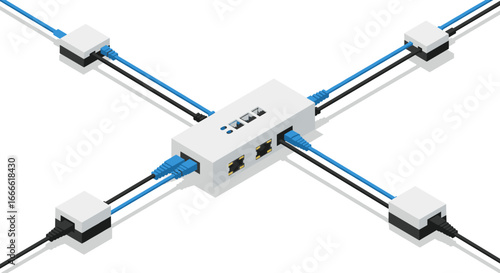 Isometric network switch with connected ethernet cables on white background