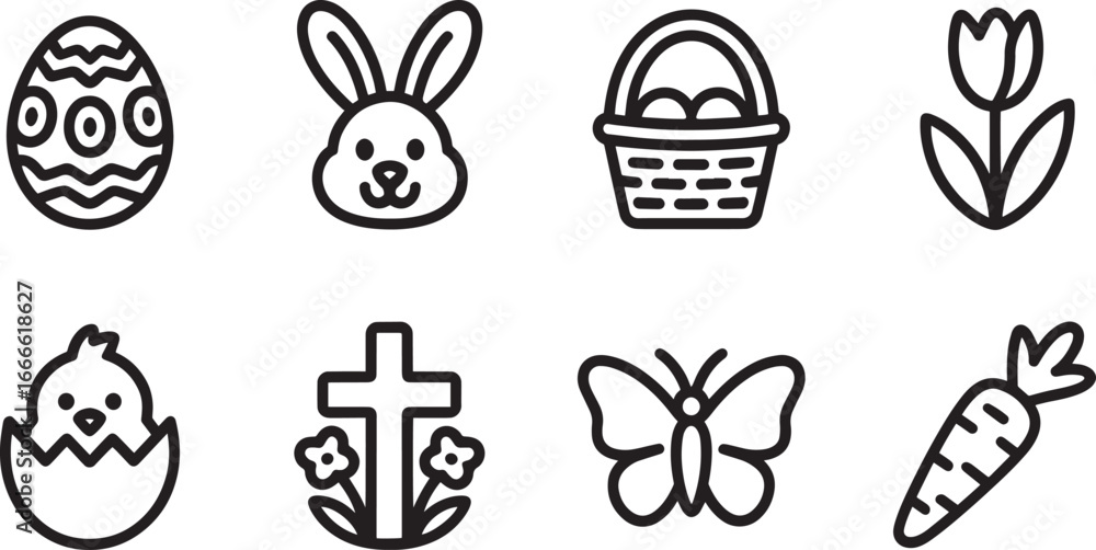 Fototapeta premium Spring Icons Set Line Art Style Featuring Egg, Rabbit, Basket, Tulip, Chick, Cross, Butterfly, Carrot