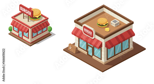 Isometric burger restaurant building with detailed exterior design