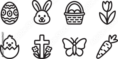Spring Icons Set Line Art Style Featuring Egg, Rabbit, Basket, Tulip, Chick, Cross, Butterfly, Carrot