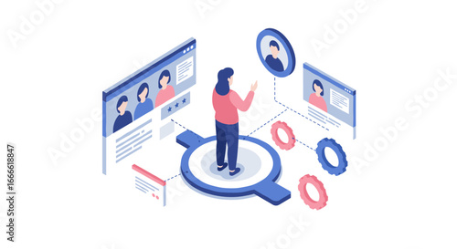 Isometric team collaboration and remote networking technology concept