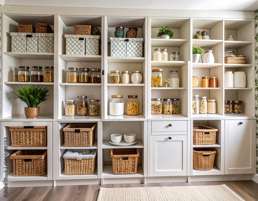 Fototapeta premium Organized pantry with light-colored cabinets, filled with various food items and baskets