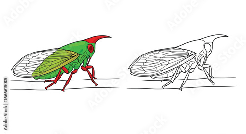 Amazonian Tree Hopper Coloring Sheet with Colorful Example and Detailed Line Art