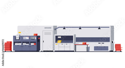 Modern industrial kitchen layout with equipment and storage solutions