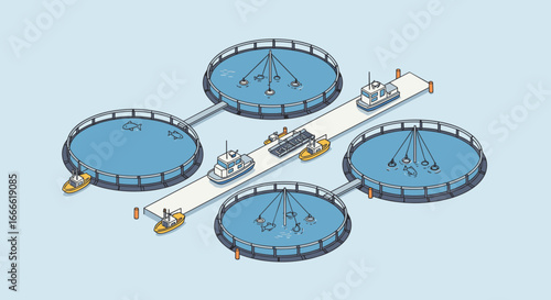 Isometric fish farming facility with circular tanks and boats on a light blue…