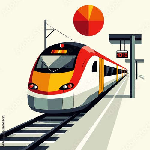 Vector Illustration of Railway Station with Platform, Train, and Architectural Details