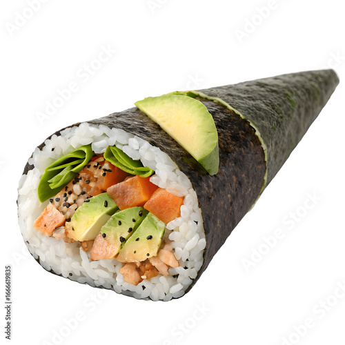 Fresh salmon and avocado temaki sushi isolated on transparent background