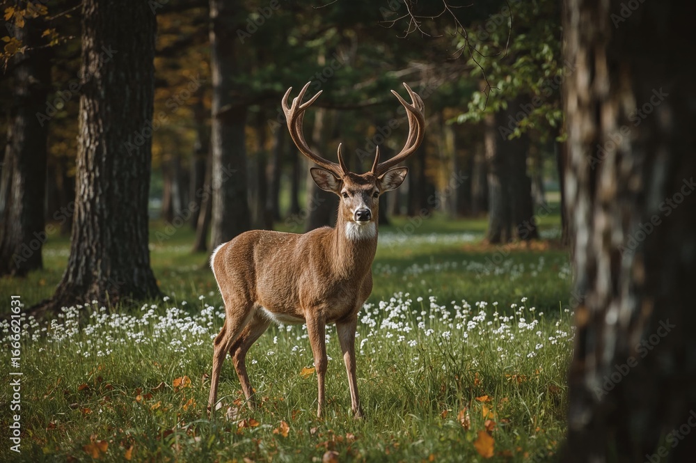 Buck with antlers in natural forest setting Buck with antlers in natural forest setting