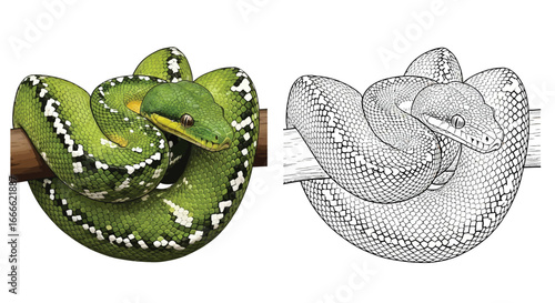 Emerald Tree Boa Coloring Page with Detailed Colored and Sketch Design for Artists