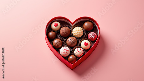 Heart-shaped chocolate assortment in romantic product photography style in red,pink,chocolate tones representing Valentine gifting inspiration,love celebration, sweet treat marketing visual,copy space