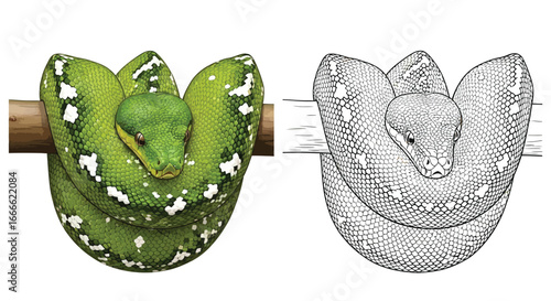 Detailed Emerald Tree Boa Coloring Page with One Full Color and One Line Drawing