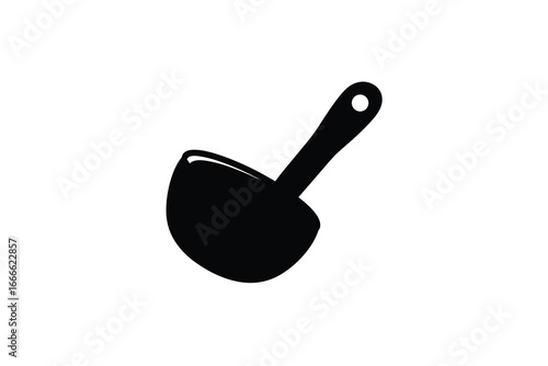 A black silhouette of a kitchen scoop with handle on a white background
