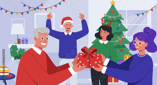 People exchange a polkadot gift Festive decorations and a Christmas tree indicate a holiday celebration