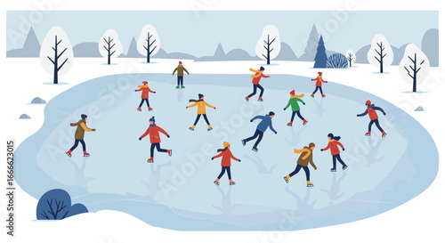 People ice skating on a frozen lake amidst snowcovered trees in a winter landscape