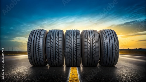 Five new car tires lined up on wet road at sunset