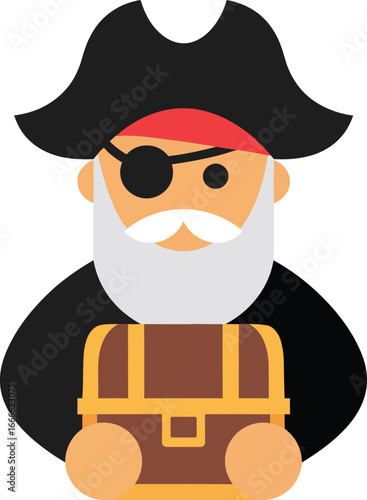 Cartoon Pirate Captain with Eye Patch and Tricorn Hat Holding Treasure Chest Vector Illustration isolated on Transparent Background.

