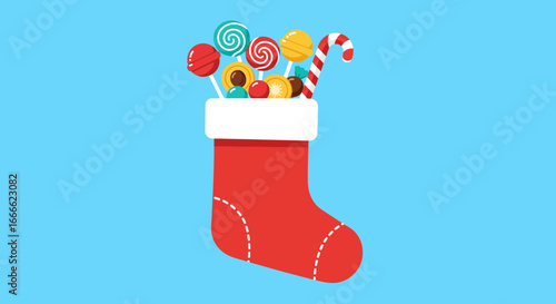 Red Christmas stocking filled with assorted candies and a candy cane on a light blue background