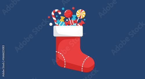 Red Christmas stocking overflowing with candy against a dark blue backdrop