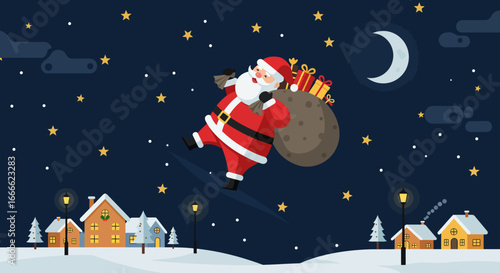 Santa floats above snowy village at night presents in sack moon shining stars scattered Houses below are lit