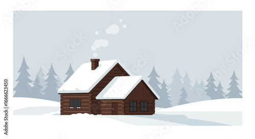 Snowy log cabin with smoke rising set against a wintry forest backdrop