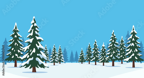 Snowy scene green snowladen pine trees dot a light blue landscape with a snowcovered ground