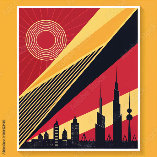Bold Geometric Cityscape Poster with Red, Yellow, and Black Skyline
