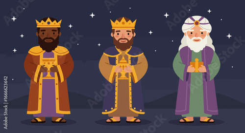 Three Kings adorned in crowns and robes present gifts against a dark starry backdrop
