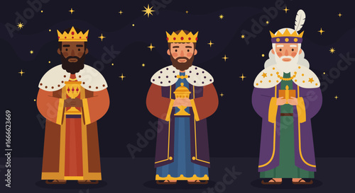 Three kings stand against a dark starry backdrop each holding a gift