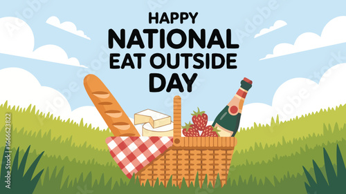 Happy National Eat Outside Day with Picnic Basket and Food Illustration