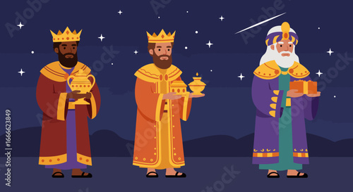 Three Wise Men stand under stars bearing gifts one holds a gold chalice another a gold offering set and the third a gift box