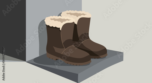 Two brown winter boots with beige fur lining sit on a gray platform near a corner