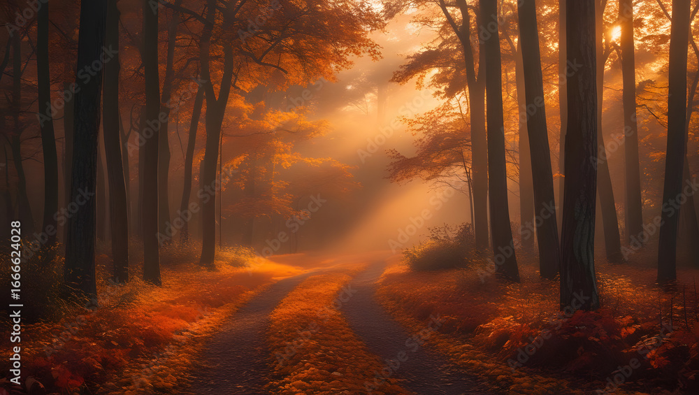 Fototapeta premium sunrise in the woods with maple trees dreamy scene