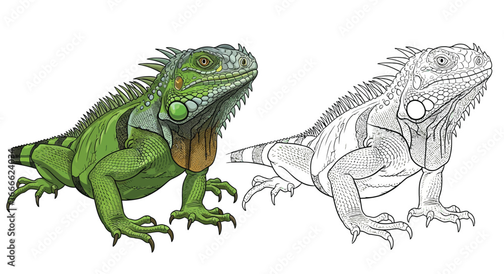Obraz premium Detailed Green Iguana Coloring Page with a Full Color Example and Blank Outline