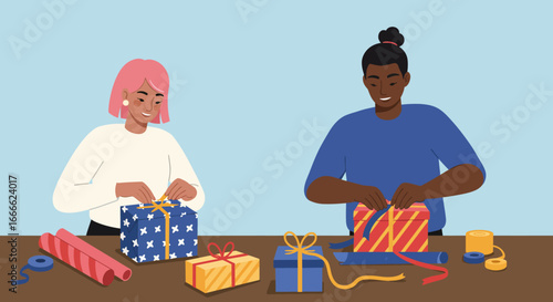 Two people wrapping gifts at a table featuring wrapping paper ribbons and various gift boxes