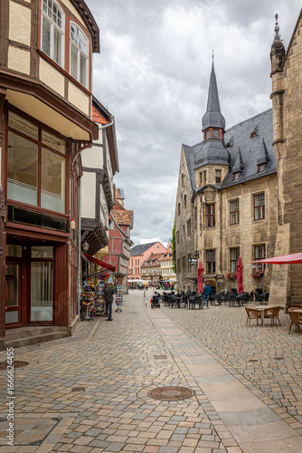 Street photo in Quedlinburg, a German town located north of the Harz mountains in the Harz district. The town's historic center is a World Heritage Site.