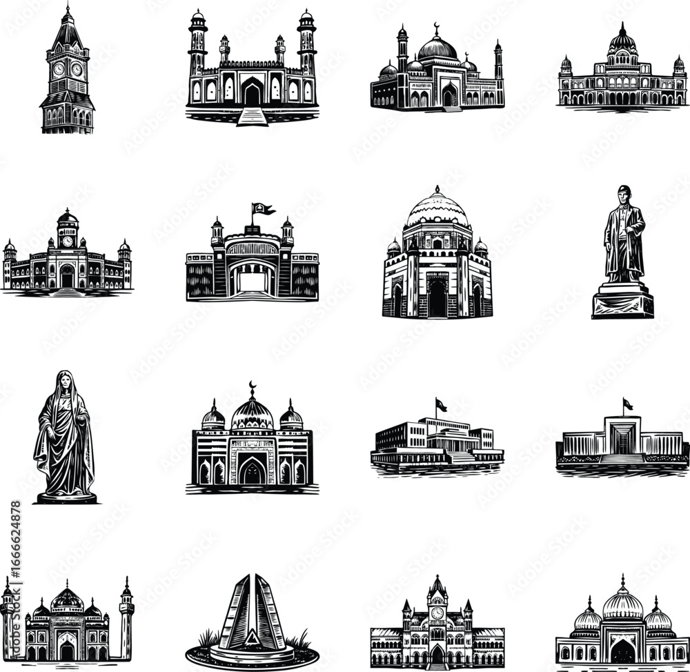 Obraz premium Set of Pakistan Buildings Sketchy Illustrations 