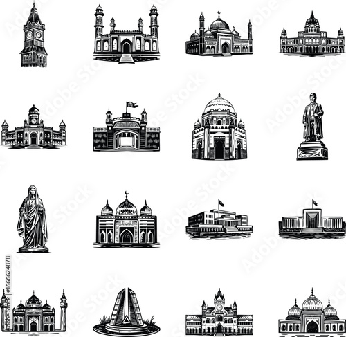 Set of Pakistan Buildings Sketchy Illustrations 