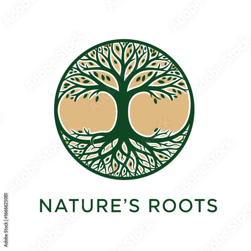 Circular logo depicting a stylized tree with roots, symbolizing nature and growth.