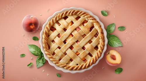 On color background tasty peach pie.


