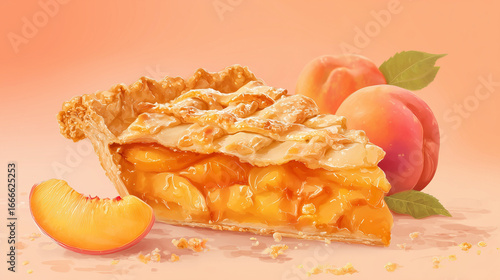 Tasty on color background peach pie.

