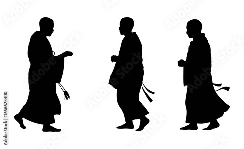 Silhouette vector of Buddhist monks walking in traditional robe | Zen monk silhouette clipart | Black monk illustration isolated on white background for spiritual, cultural, or religious design