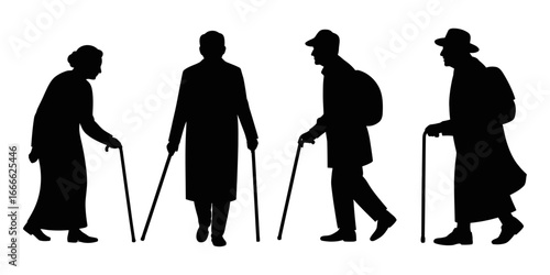 Silhouette vector of old people walking with canes, senior man and woman, elderly figures in coat and hat, editable black vector illustration, isolated on white for healthcare, aging, and design use
