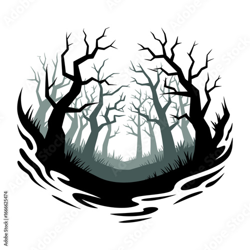 silhouette of a foggy halloween forest with bare trees and misty landscape