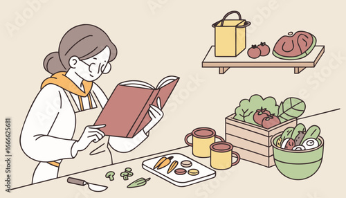 Woman in kitchen reading cookbook with food ingredients and cooking utensils on the counter space view