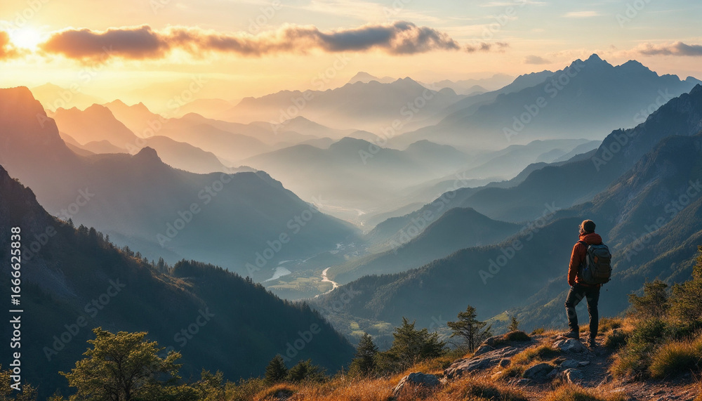 Fototapeta premium Lone hiker silhouetted on ridge with layered golden hour mountains