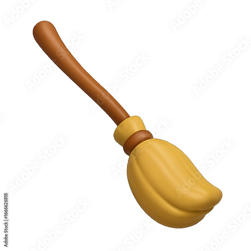 Flying broomstick emoji style 3D plastic Halloween witch straw bristles isolated transparent background