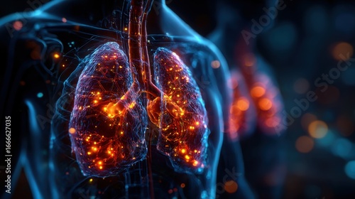 Detailed visualization of human lungs showcasing intricate structures and vibrant patterns of airflow and health